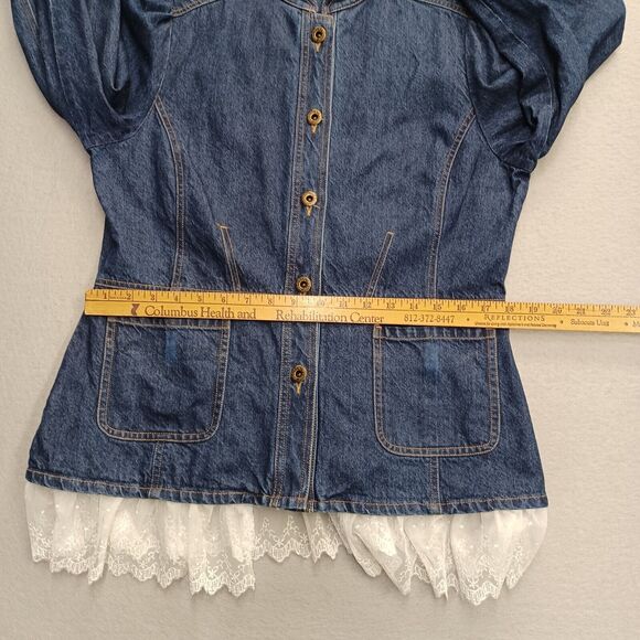 Small Size 14 Jean Jacket Lace Trim Button Up I.E Relaxed Dark Denim - Picture 4 of 10